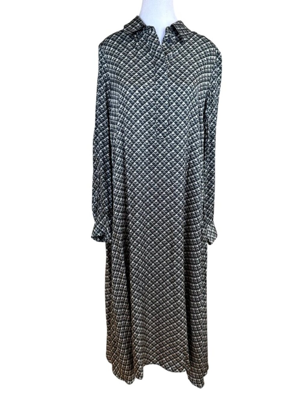 COS Satin Henley Shirtdress Black Cream Geometric Print Long Sleeve (6)